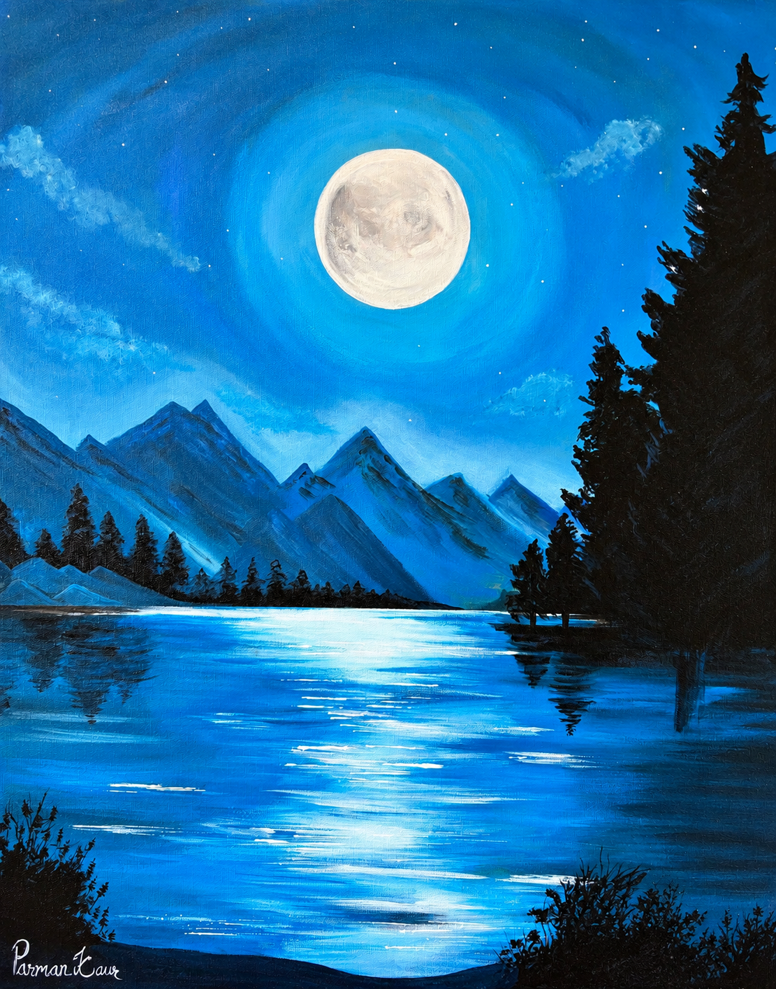 Moonlit Mountain Lake – Fine Art Print | Original Acrylic Artwork by Parman Kaur