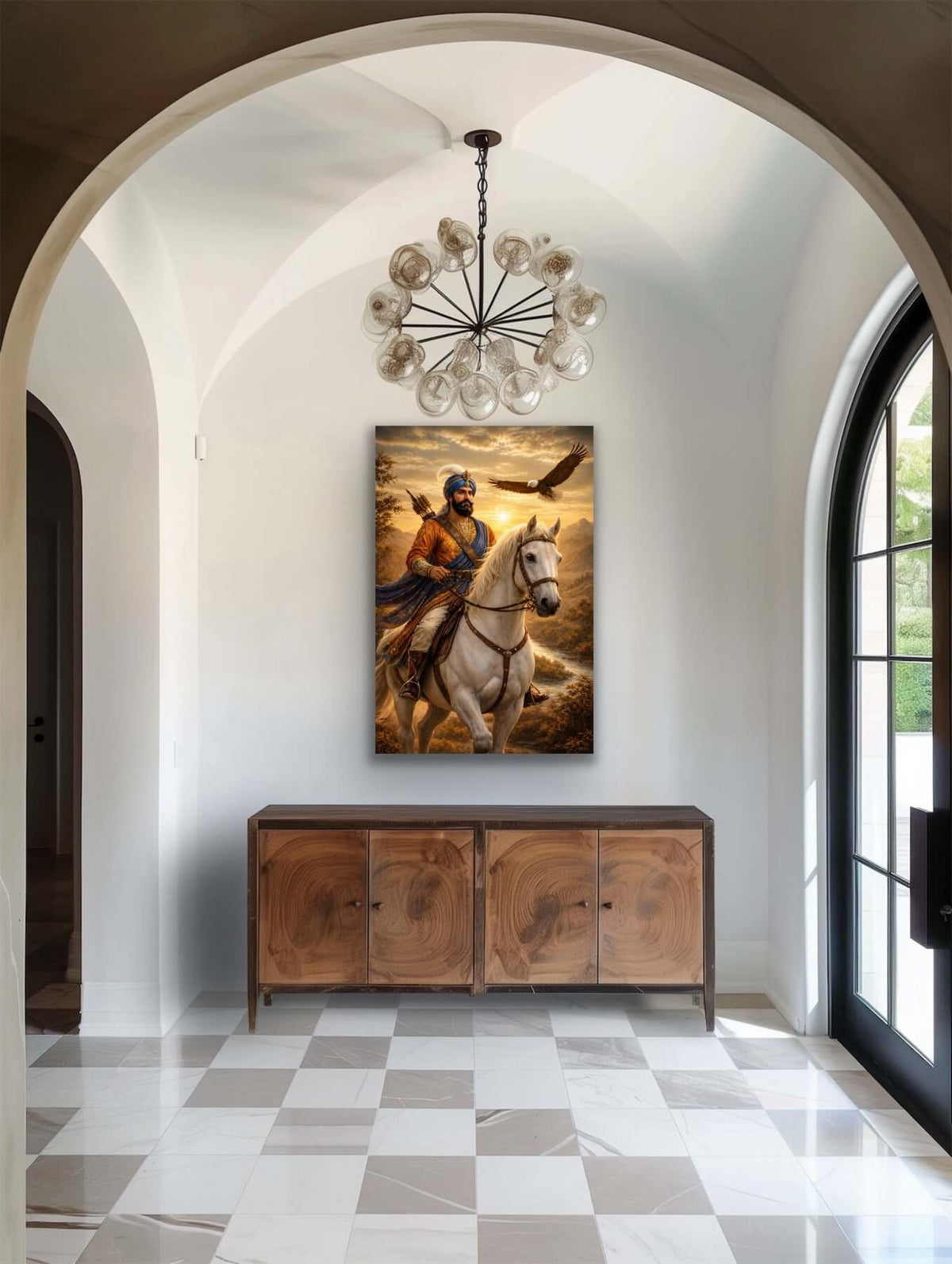 Guru Gobind Singh Ji Art Print displayed in a stylish entryway, showcasing the Sikh warrior on a white horse.