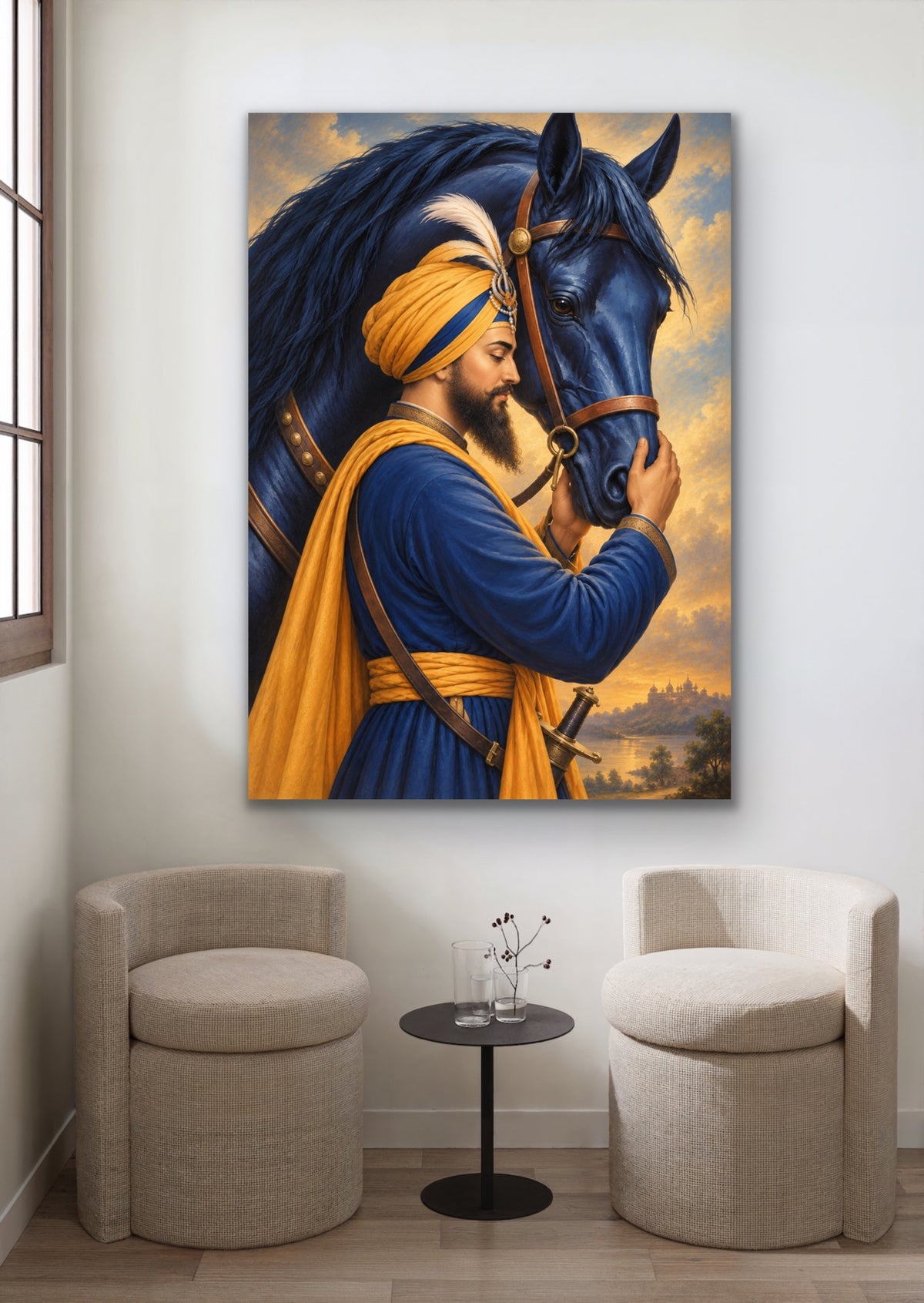 Guru Gobind Singh Ji with His Blue Horse – Fine Art Print | Sikh Spiritual Wall Art