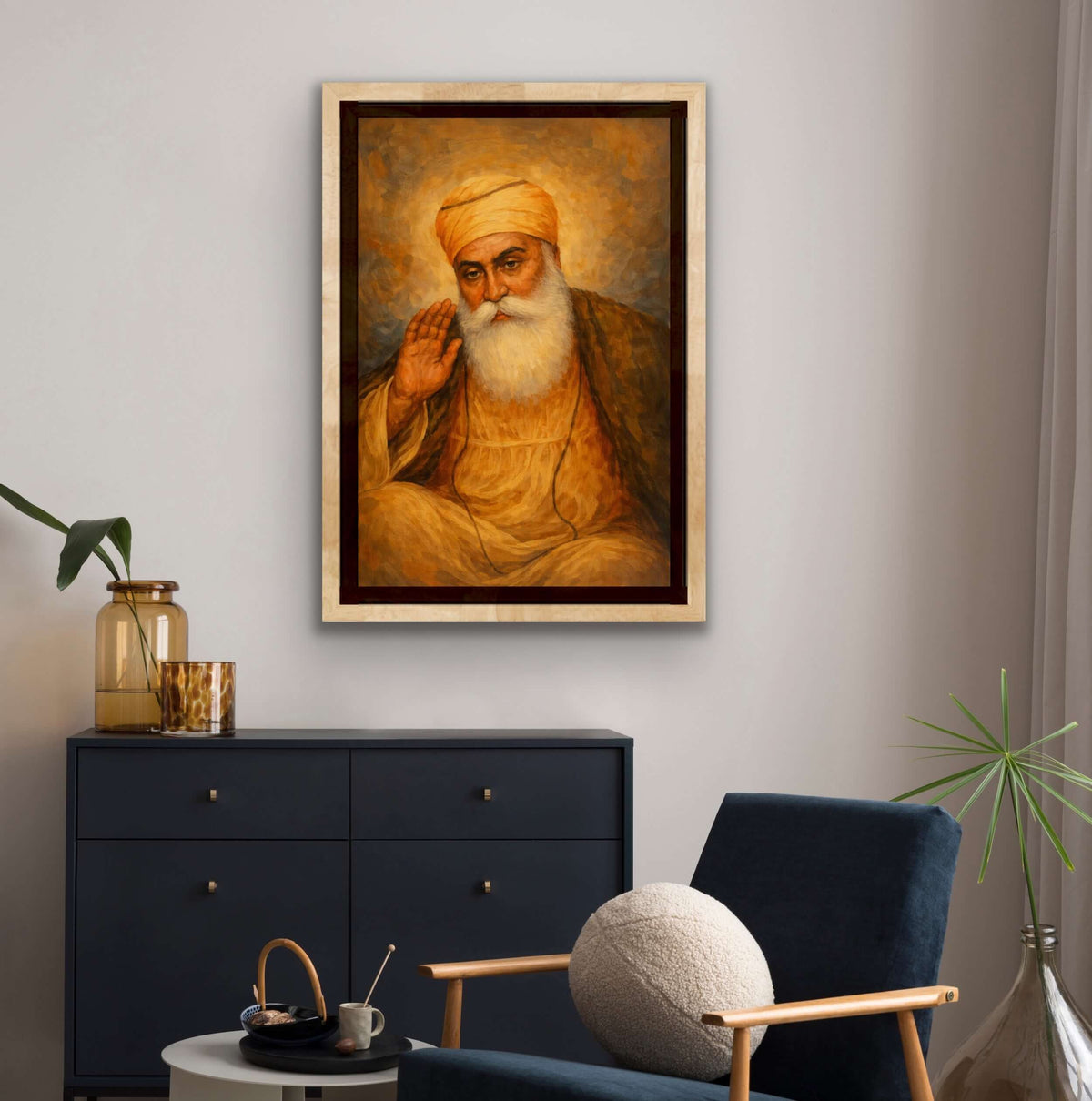 Guru Nanak Dev Ji Art Print in a beautifully decorated living room setting, showcasing Sikh spiritual artwork.