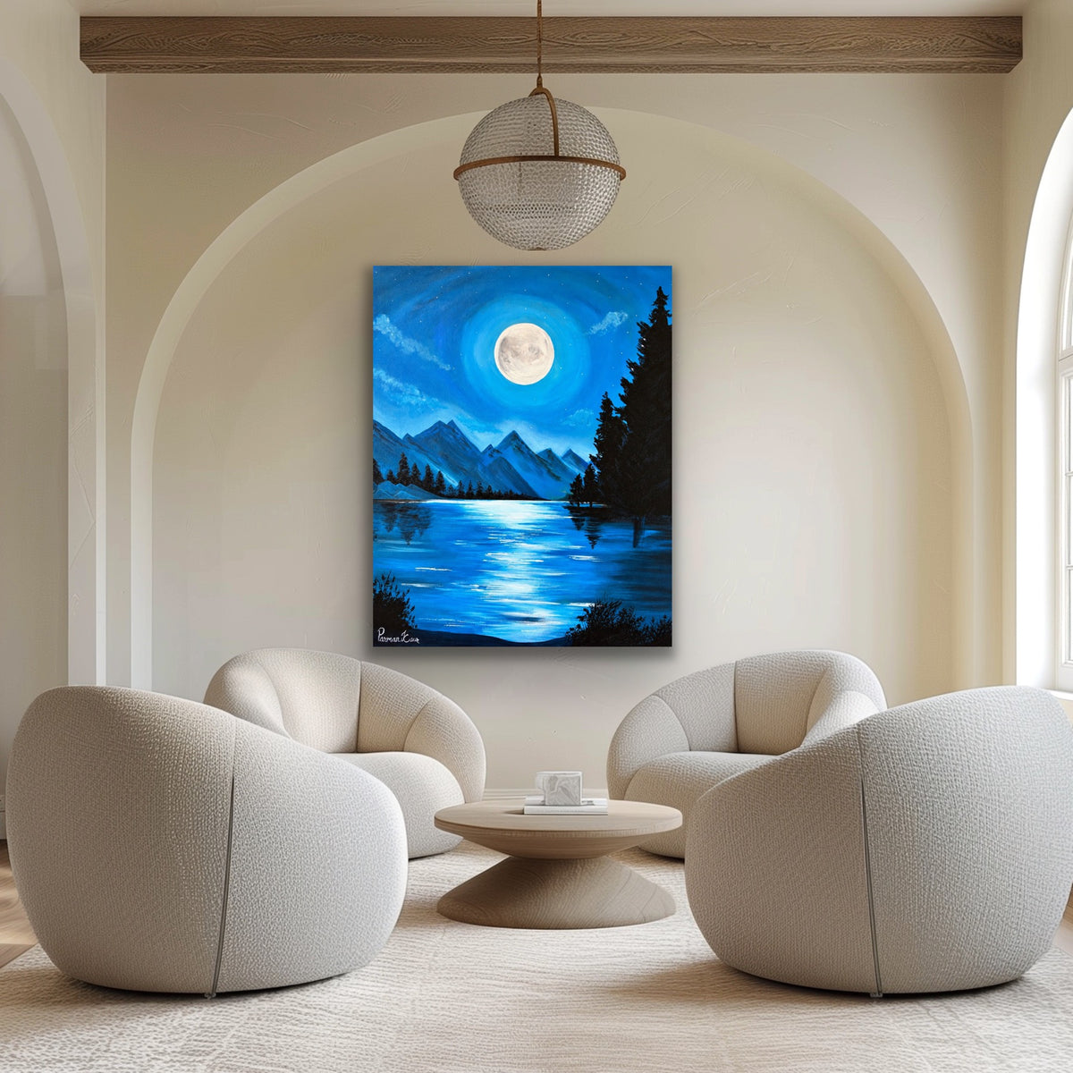 Moonlit Mountain Lake – Fine Art Print | Original Acrylic Artwork by Parman Kaur