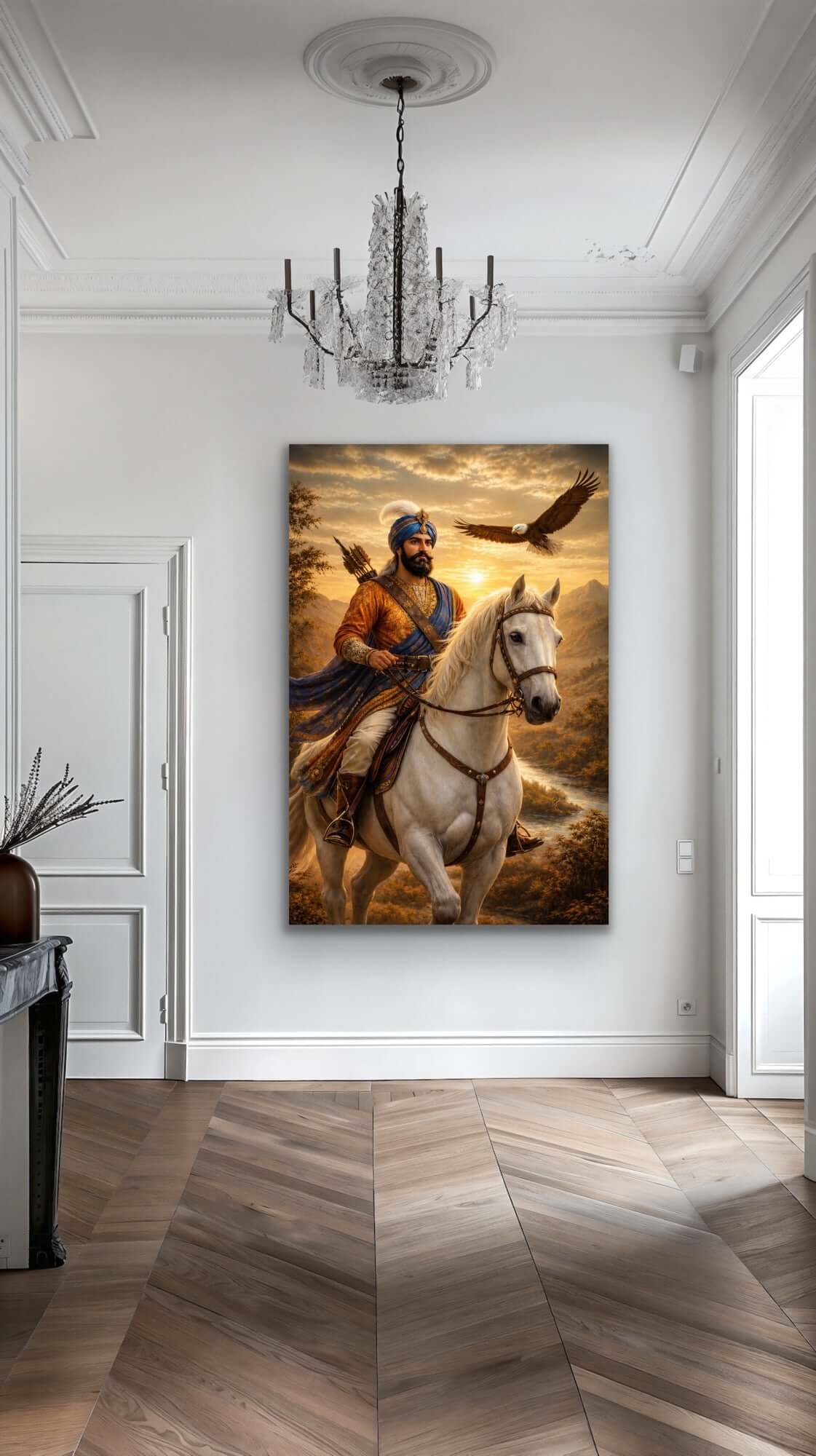 Guru Gobind Singh Ji Art Print depicted riding a white horse under a golden sunset in a modern interior setting.