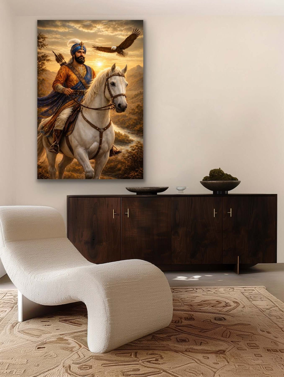 Guru Gobind Singh Ji Art Print depicted riding a white horse in a golden sunset, showcasing strength and leadership.