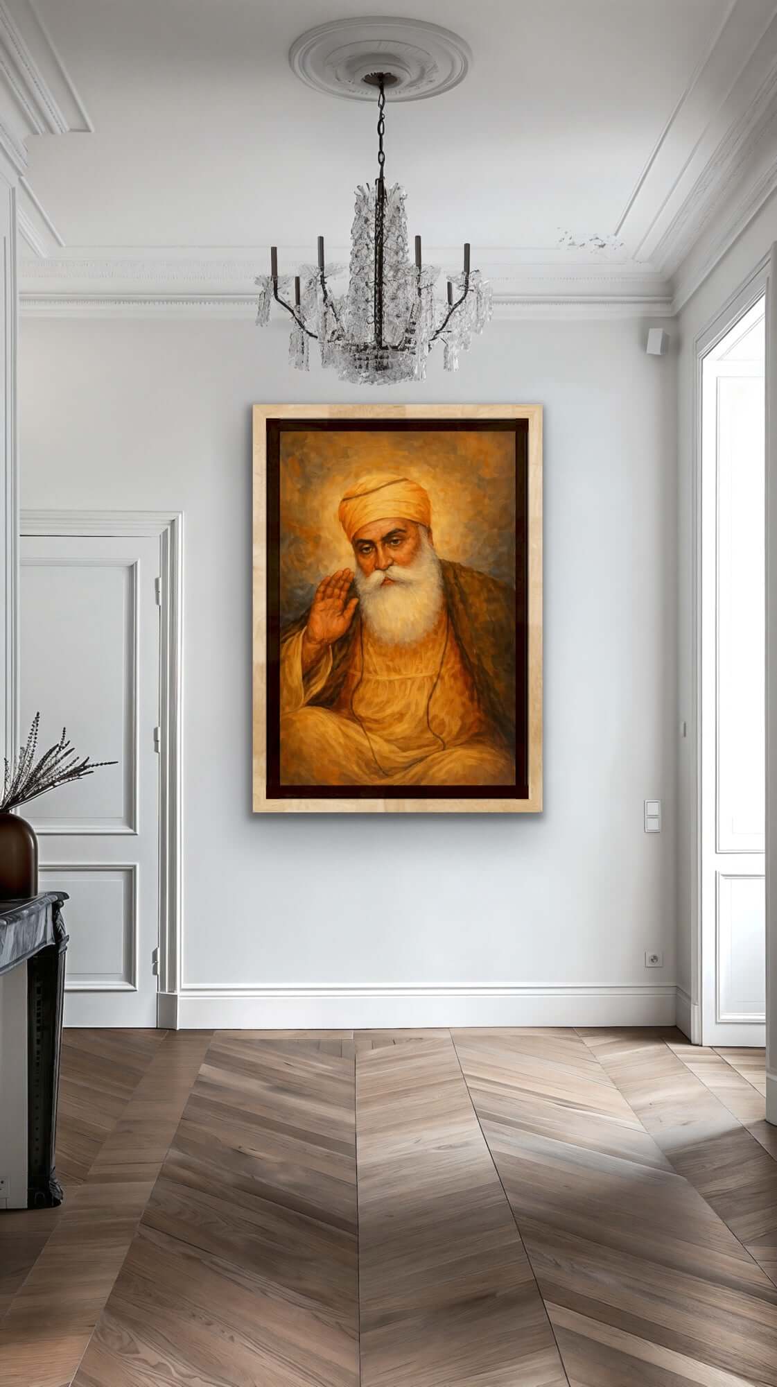 Guru Nanak Dev Ji Art Print displayed in a stylish room, highlighting spiritual and artistic elements.
