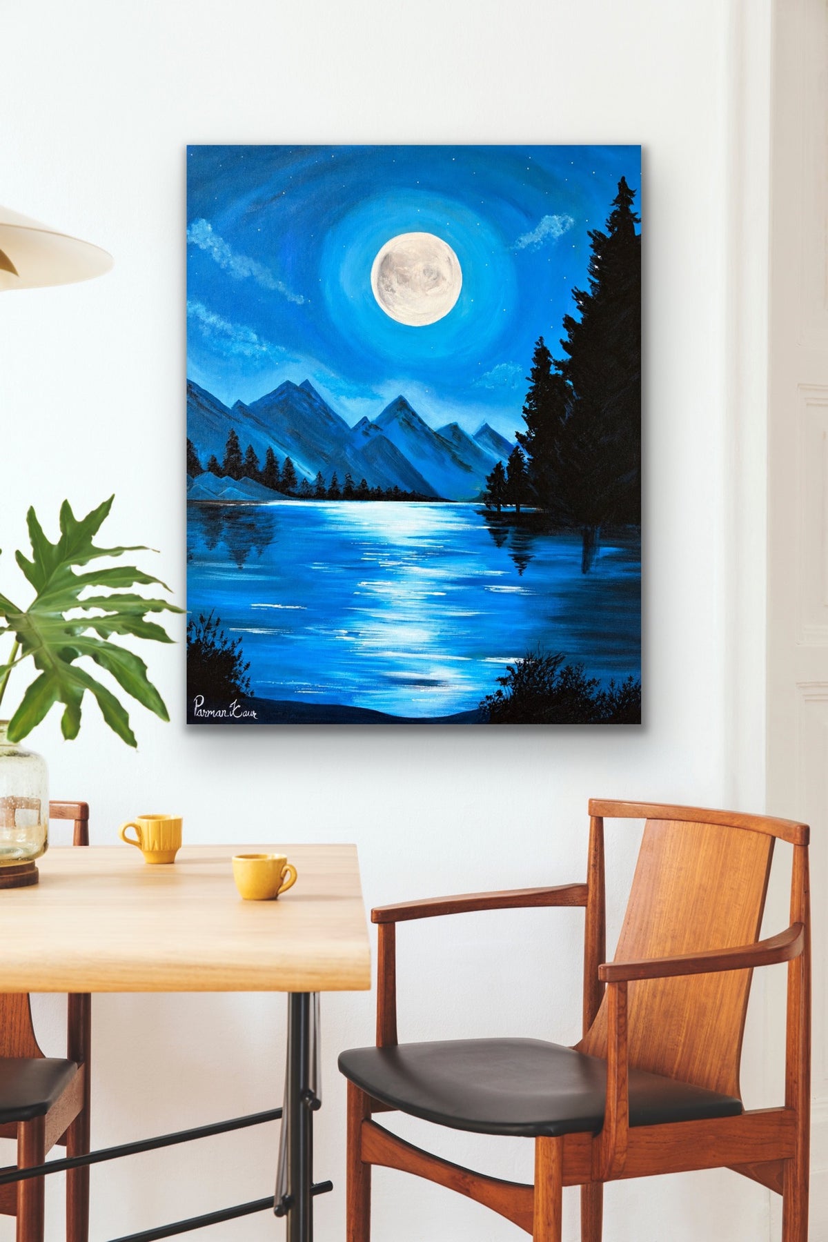 Moonlit Mountain Lake – Fine Art Print | Original Acrylic Artwork by Parman Kaur