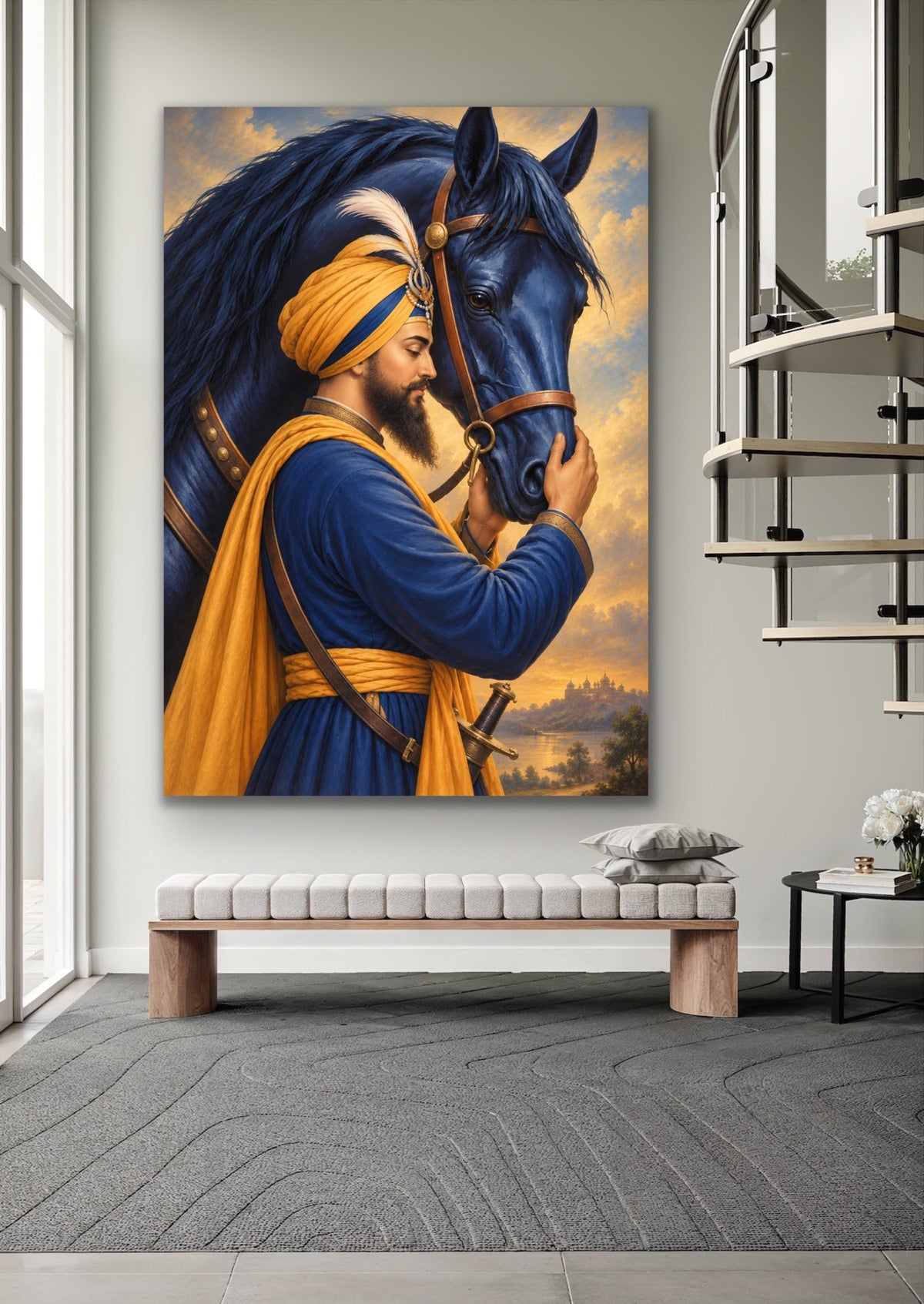 Guru Gobind Singh Ji with His Blue Horse – Fine Art Print | Sikh Spiritual Wall Art