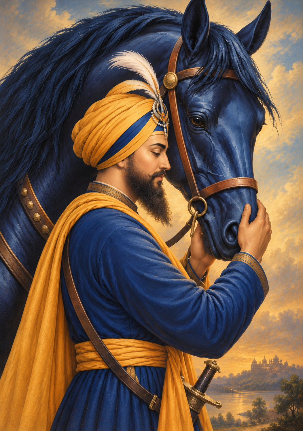 Guru Gobind Singh Ji with His Blue Horse – Fine Art Print | Sikh Spiritual Wall Art