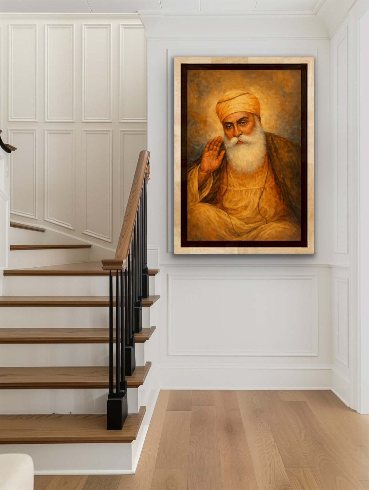 Guru Nanak Dev Ji Art Print displayed in a modern home setting, emphasizing Sikh spirituality and art.