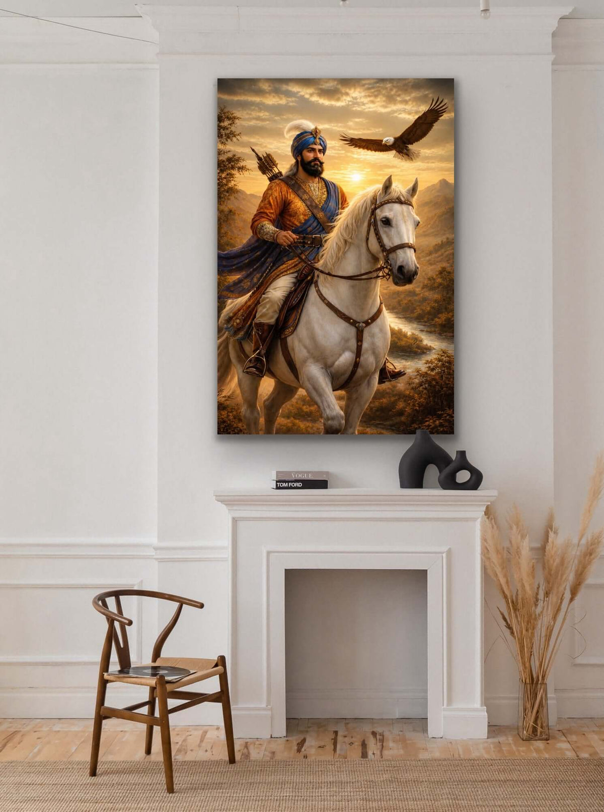 Guru Gobind Singh Ji Art Print of a Sikh warrior on a white horse under a golden sunset.