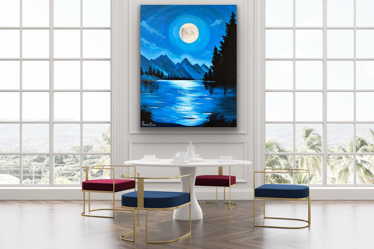 Moonlit Mountain Lake – Fine Art Print | Original Acrylic Artwork by Parman Kaur
