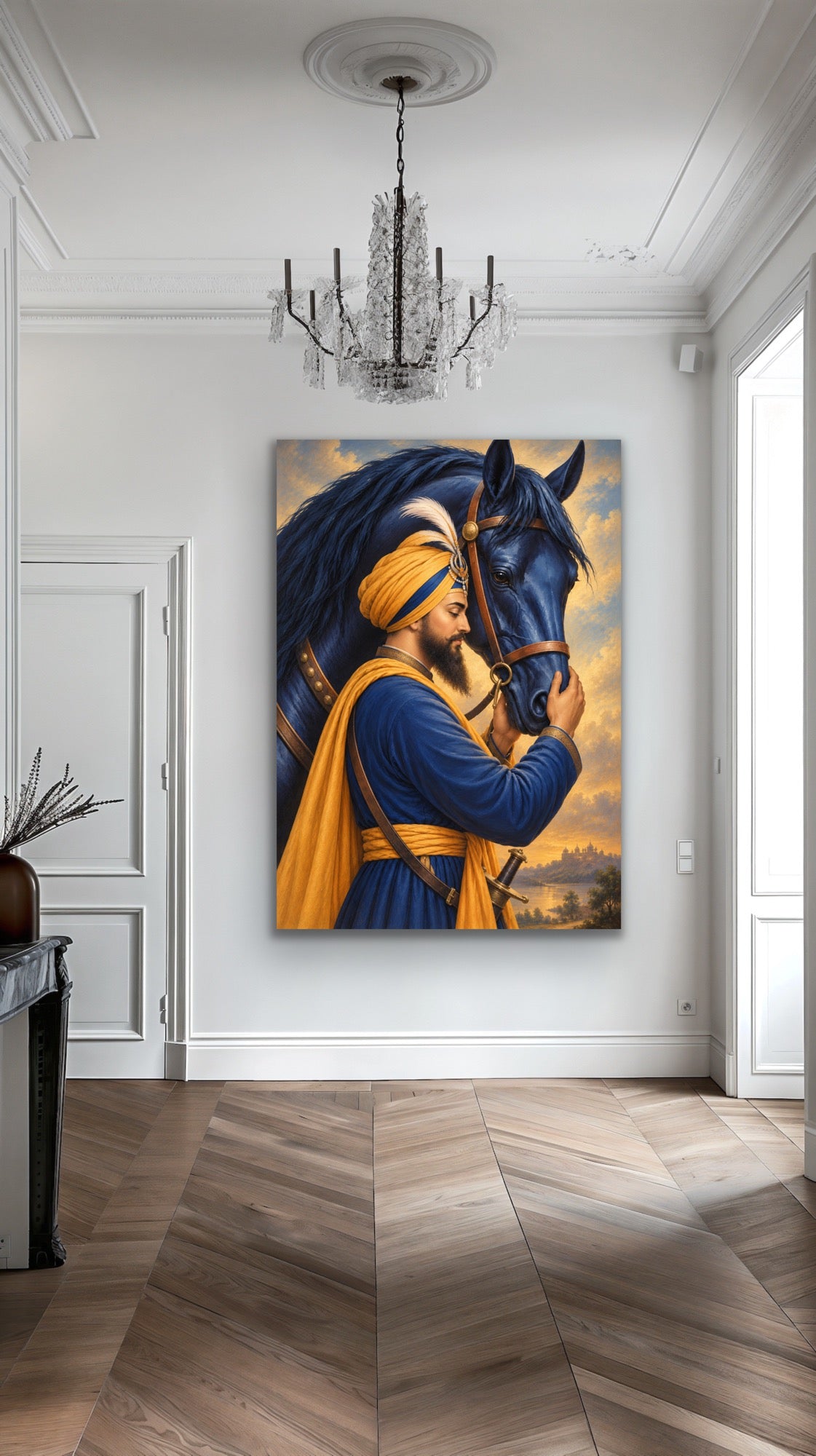 Guru Gobind Singh Ji with His Blue Horse – Fine Art Print | Sikh Spiritual Wall Art