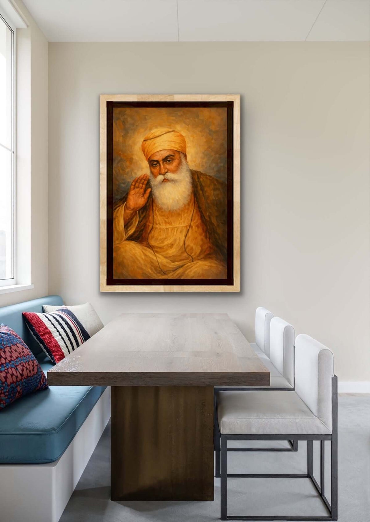 Guru Nanak Dev Ji Art Print displayed in a contemporary dining area with a wooden table and modern chairs.