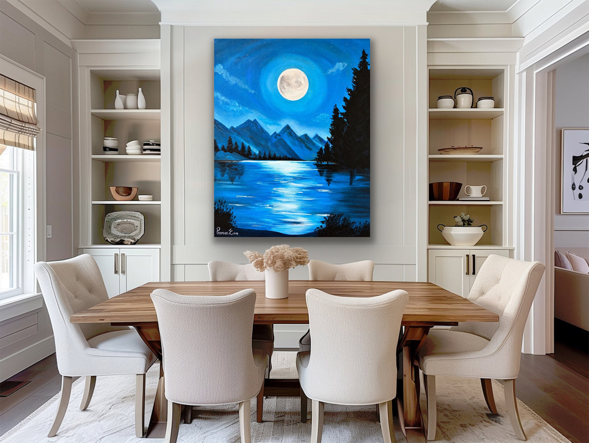 Moonlit Mountain Lake – Fine Art Print | Original Acrylic Artwork by Parman Kaur