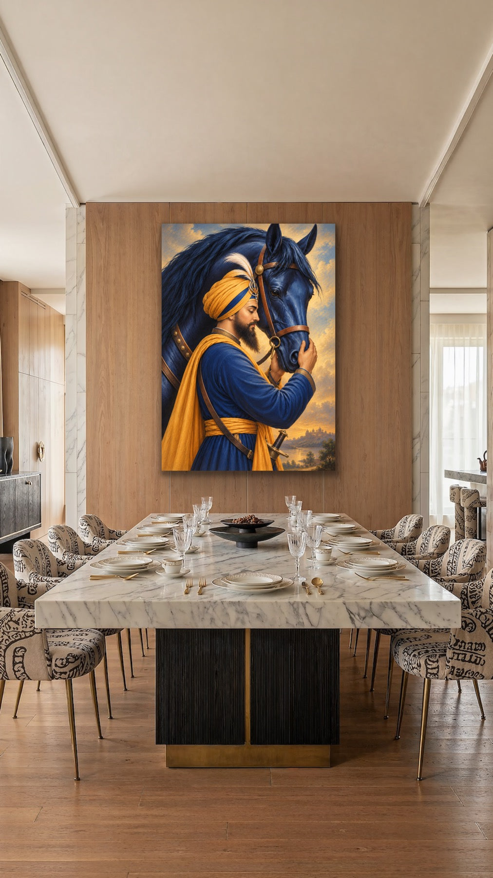 Guru Gobind Singh Ji with His Blue Horse – Fine Art Print | Sikh Spiritual Wall Art