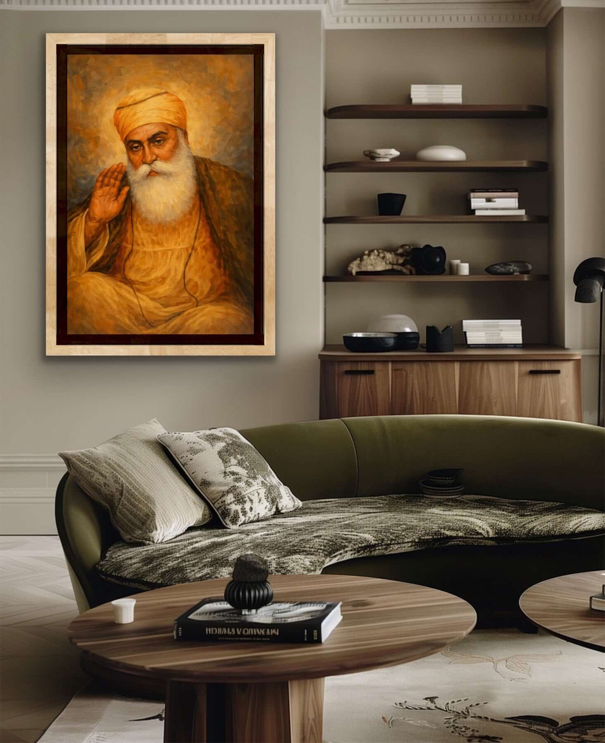 Guru Nanak Dev Ji Art Print displayed in a modern living room setting, showcasing spiritual artwork and decor.