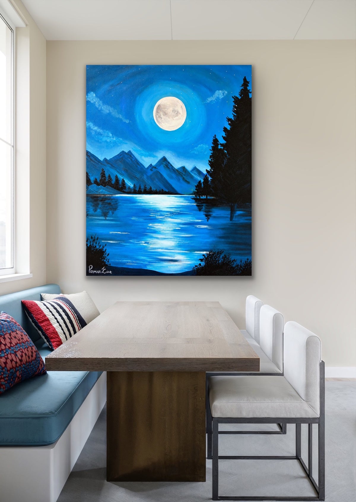 Moonlit Mountain Lake – Fine Art Print | Original Acrylic Artwork by Parman Kaur