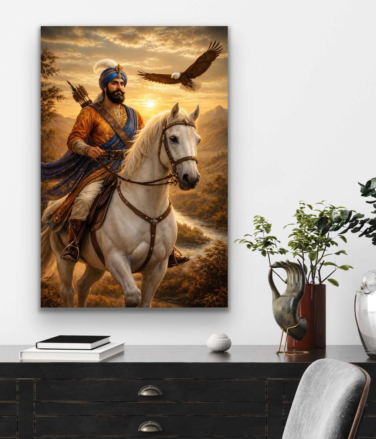 Guru Gobind Singh Ji Art Print depicting a Sikh warrior on a white horse under a golden sunset.