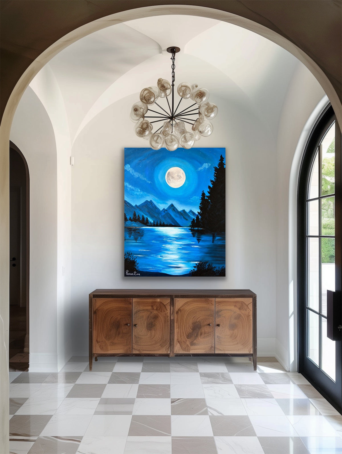 Moonlit Mountain Lake – Fine Art Print | Original Acrylic Artwork by Parman Kaur
